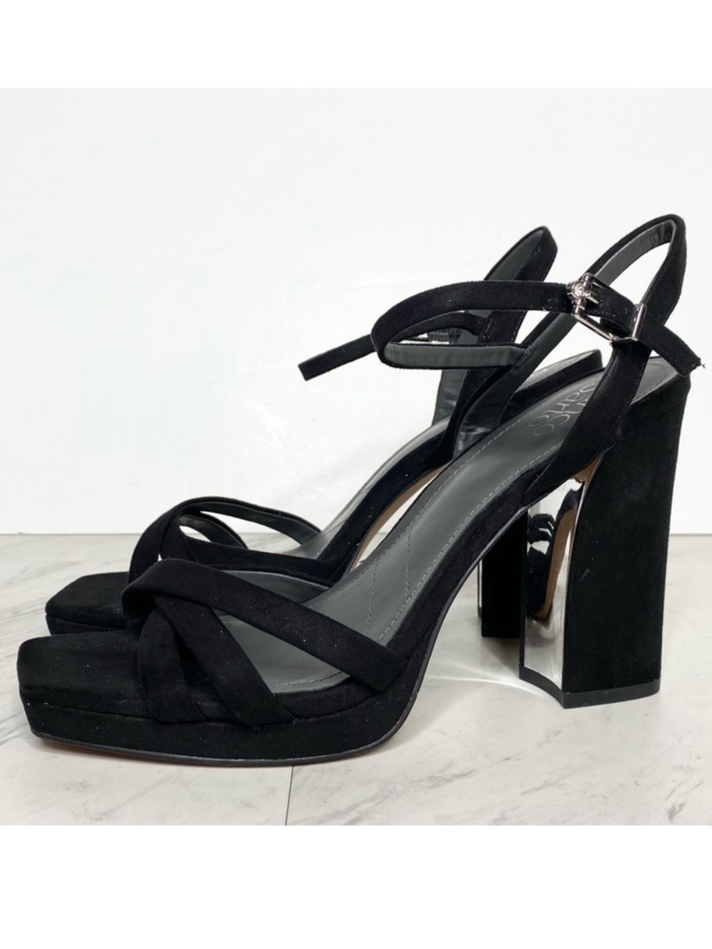 Franco Sarto Damalis Black Sparkle Square Toe Heeled Sandal 8 1/2 M